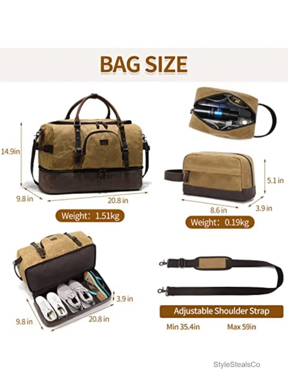 Weekender Bag with Shoe Compartment Canvas Genuine Leather Travel Duffel
